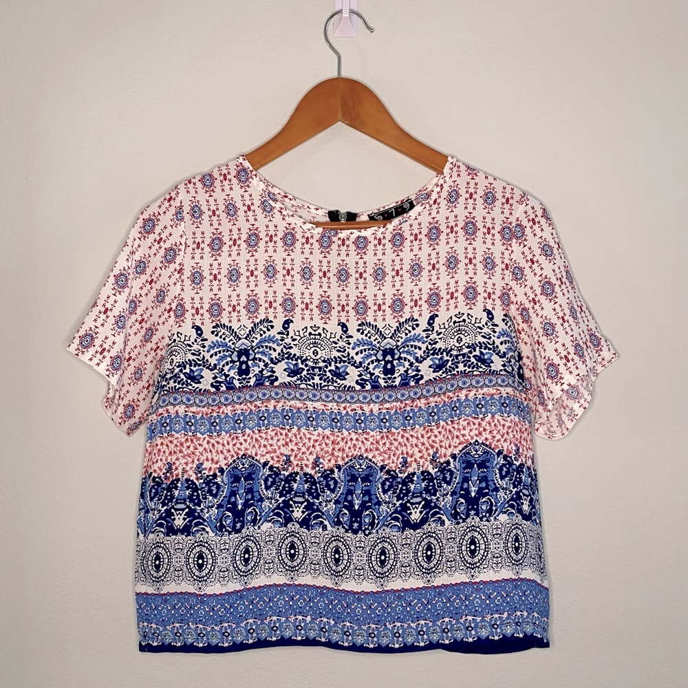 Beautiful White Blouse With Red & Blue Pattern